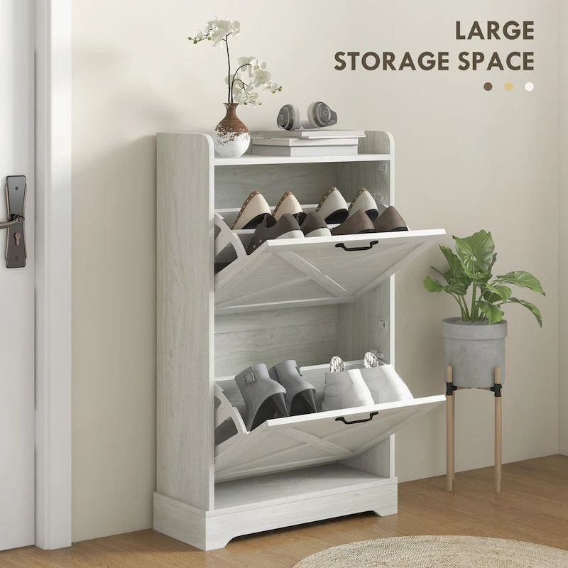 Slim Shoe Cabinet, Farmhouse Hidden Shoe Storage Cabinet with 2 Flip Drawers and Adjustable Shelves for 8 Pairs of Shoes