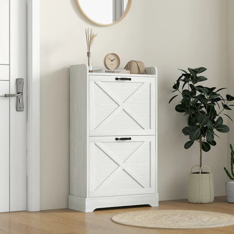 Slim Shoe Cabinet, Farmhouse Hidden Shoe Storage Cabinet with 2 Flip Drawers and Adjustable Shelves for 8 Pairs of Shoes