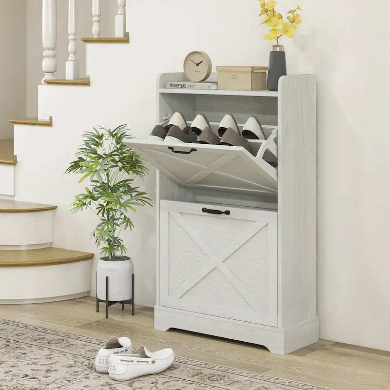 Slim Shoe Cabinet, Farmhouse Hidden Shoe Storage Cabinet with 2 Flip Drawers and Adjustable Shelves for 8 Pairs of Shoes