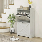 Slim Shoe Cabinet, Farmhouse Hidden Shoe Storage Cabinet with 2 Flip Drawers and Adjustable Shelves for 8 Pairs of Shoes