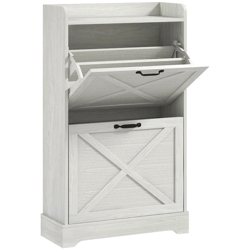 Slim Shoe Cabinet, Farmhouse Hidden Shoe Storage Cabinet with 2 Flip Drawers and Adjustable Shelves for 8 Pairs of Shoes