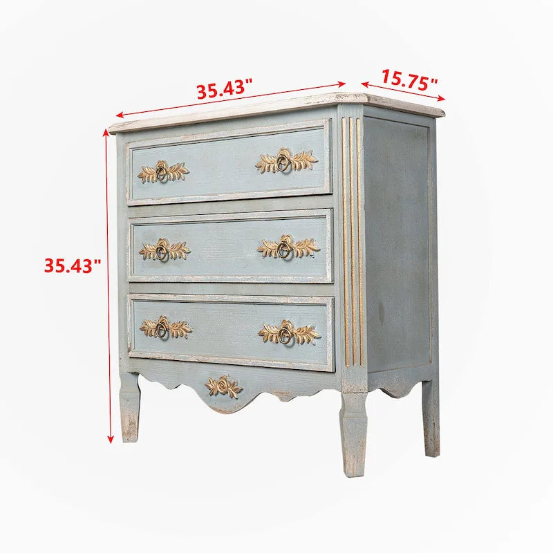 Distressed Light Blue Solid Wood Cabinet with Cream Top and Two Drawers