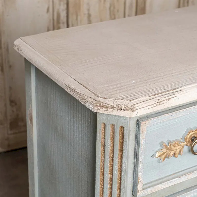 Distressed Light Blue Solid Wood Cabinet with Cream Top and Two Drawers