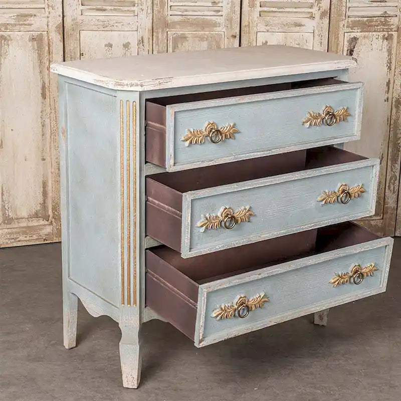 Distressed Light Blue Solid Wood Cabinet with Cream Top and Two Drawers