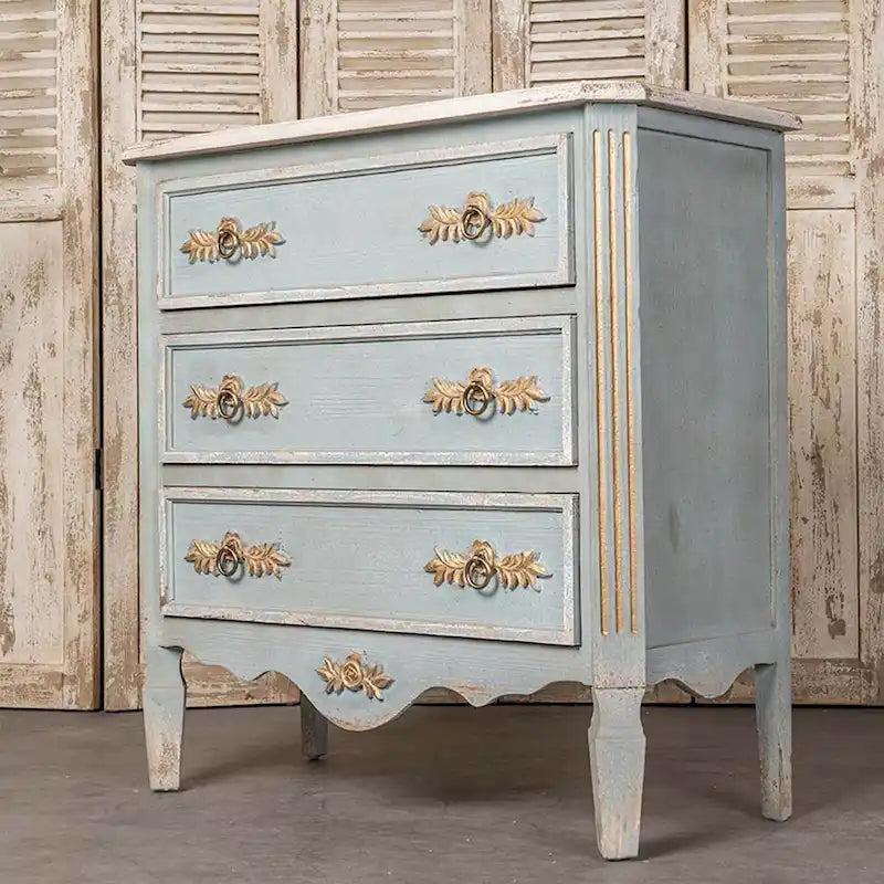 Distressed Light Blue Solid Wood Cabinet with Cream Top and Two Drawers
