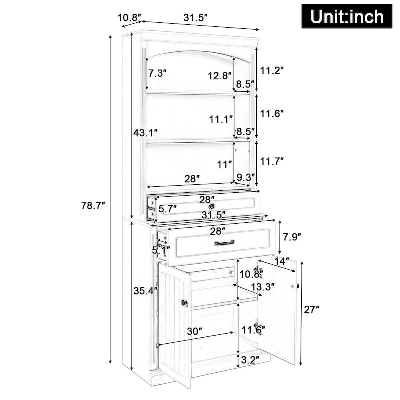 White Bathroom Storage Cabinet with Two Doors, Drawers, Adjustable Shelf & Three Open Shelves - Durable MDF Construction