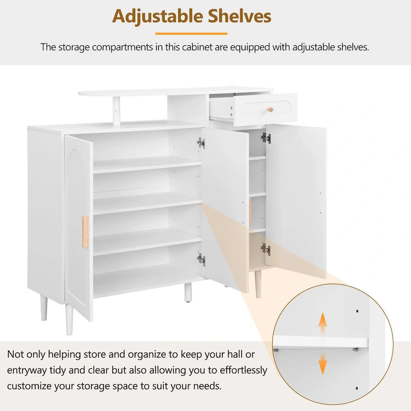 Elegant Shoe Cabinet with Arched Doors and Drawer, Cream Style Storage Sideboard with Adjustable Shelves and Solid Wood Legs