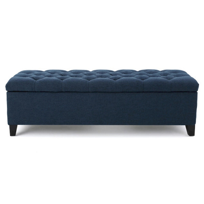 Storage Bench, 51 Inch Button Tufted Blue Velvet, Solid Wood