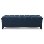 Storage Bench, 51 Inch Button Tufted Blue Velvet, Solid Wood