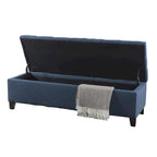 Storage Bench, 51 Inch Button Tufted Blue Velvet, Solid Wood