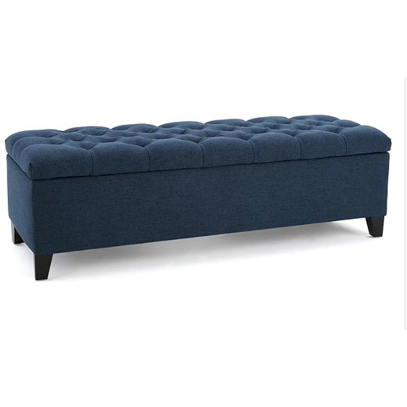 Storage Bench, 51 Inch Button Tufted Blue Velvet, Solid Wood