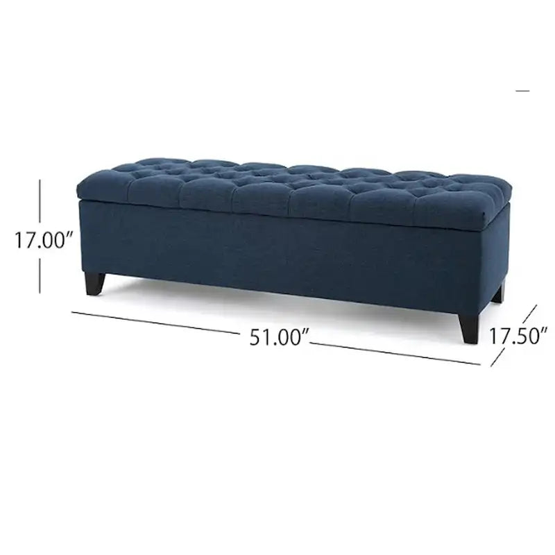 Storage Bench, 51 Inch Button Tufted Blue Velvet, Solid Wood