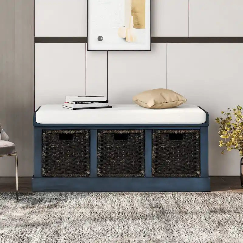 Rustic Storage Bench with 3 Removable Classic Rattan Basket