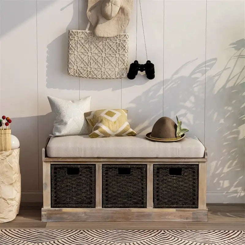 Rustic Storage Bench with 3 Removable Classic Rattan Basket