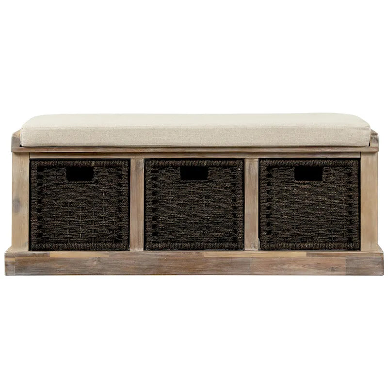 Rustic Storage Bench with 3 Removable Classic Rattan Basket