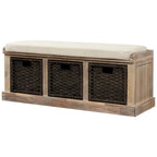 Rustic Storage Bench with 3 Removable Classic Rattan Basket