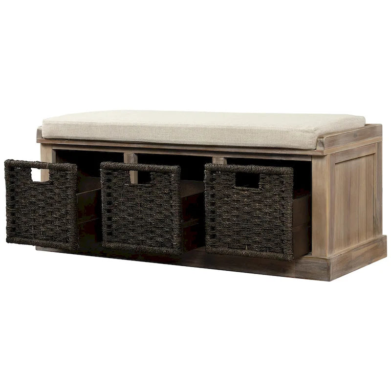 Rustic Storage Bench with 3 Removable Classic Rattan Basket