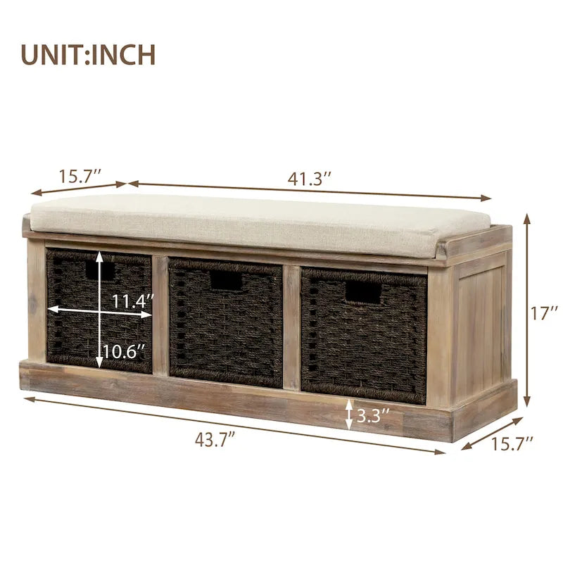 Rustic Storage Bench with 3 Removable Classic Rattan Basket
