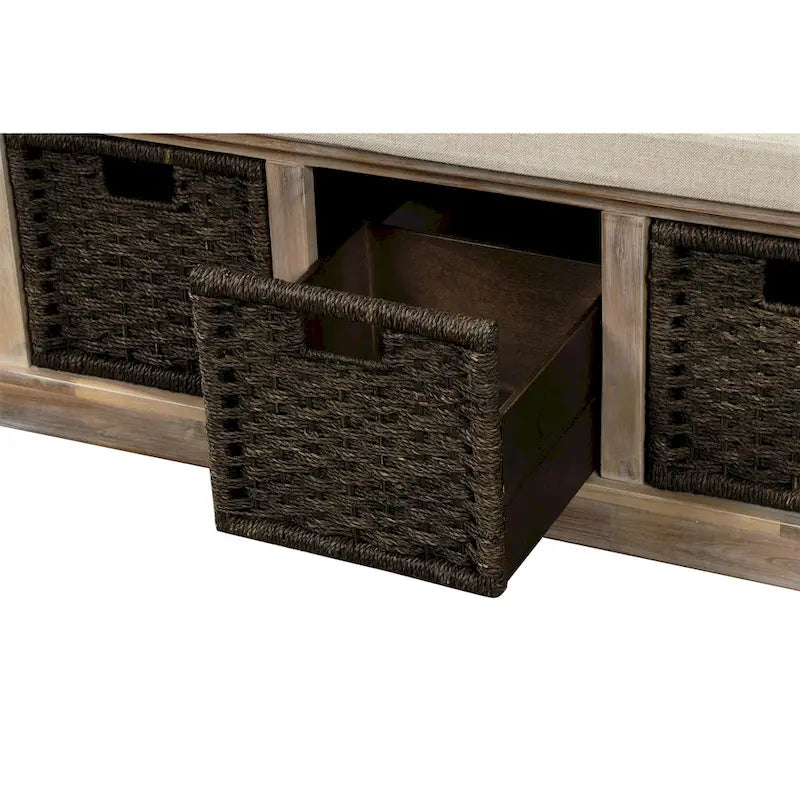 Rustic Storage Bench with 3 Removable Classic Rattan Basket