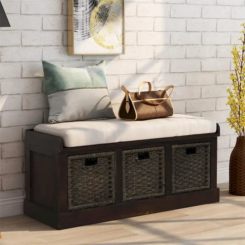 Rustic Storage Bench with 3 Removable Classic Rattan Basket