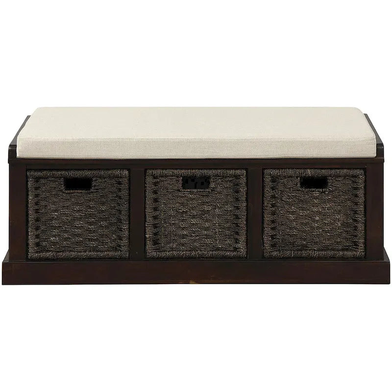 Rustic Storage Bench with 3 Removable Classic Rattan Basket
