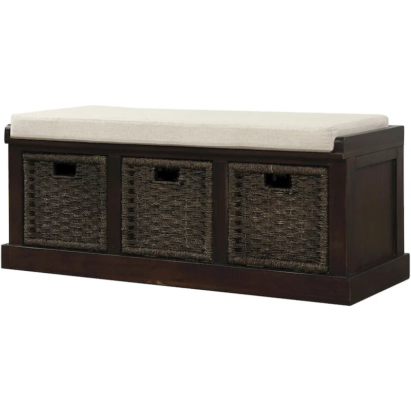 Rustic Storage Bench with 3 Removable Classic Rattan Basket