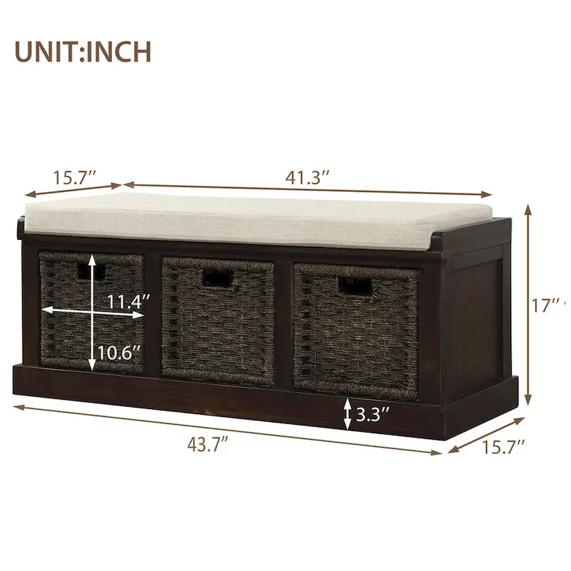 Rustic Storage Bench with 3 Removable Classic Rattan Basket