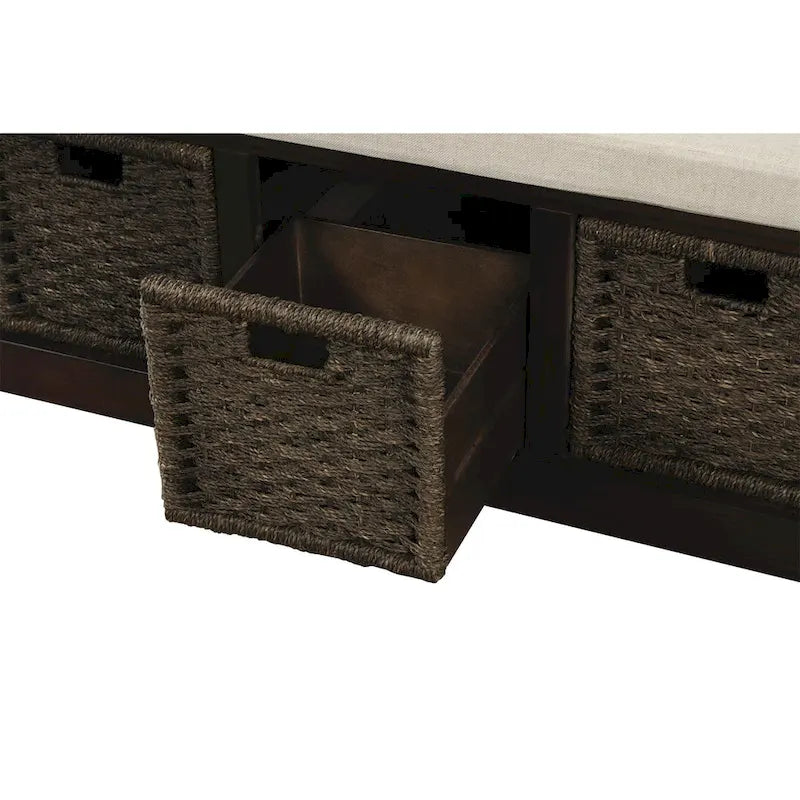 Rustic Storage Bench with 3 Removable Classic Rattan Basket