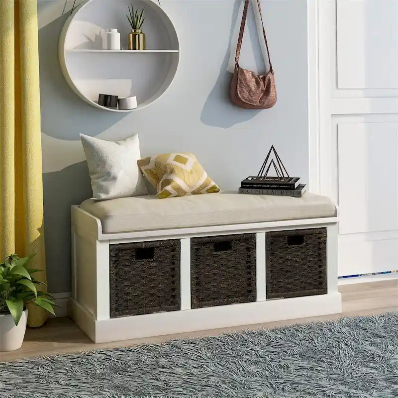 Rustic Storage Bench with 3 Removable Classic Rattan Basket