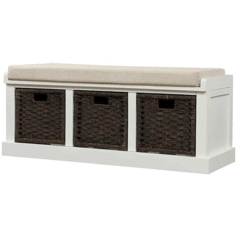 Rustic Storage Bench with 3 Removable Classic Rattan Basket