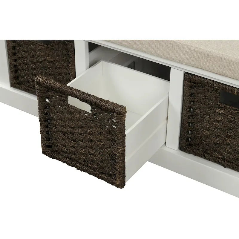 Rustic Storage Bench with 3 Removable Classic Rattan Basket