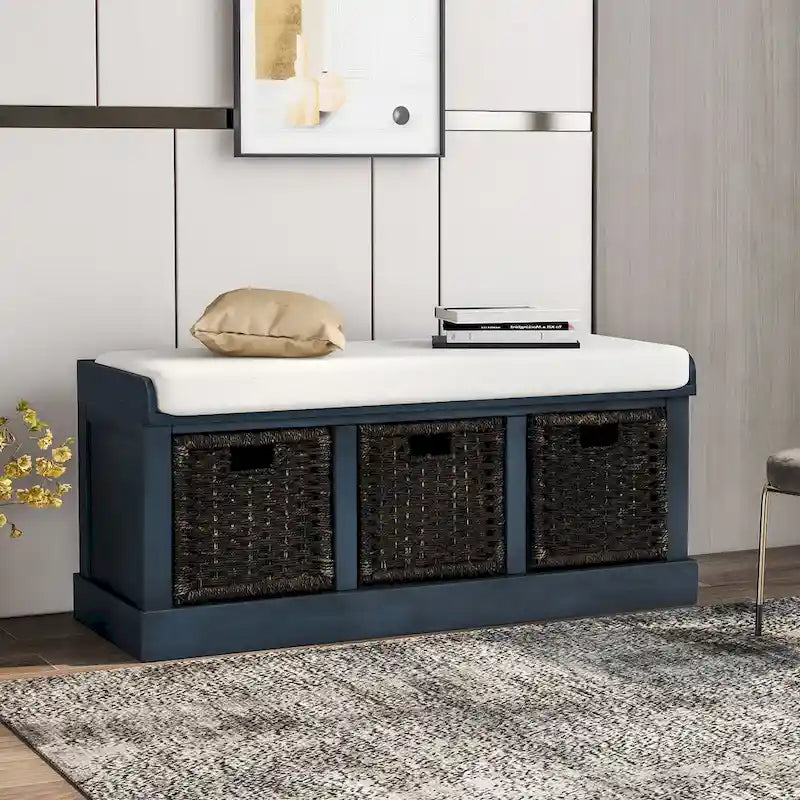 Rustic Storage Bench with 3 Removable Classic Rattan Basket