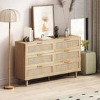 6-Drawer Rattan Storage Cabinet with Wood Color Finish for Bedroom