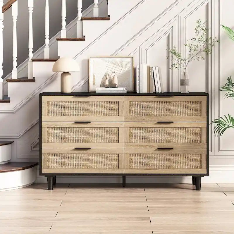 6-Drawer Rattan Storage Cabinet with Wood Color Finish for Bedroom
