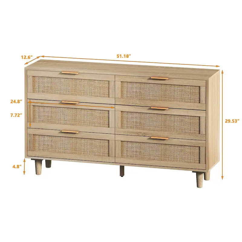6-Drawer Rattan Storage Cabinet with Wood Color Finish for Bedroom