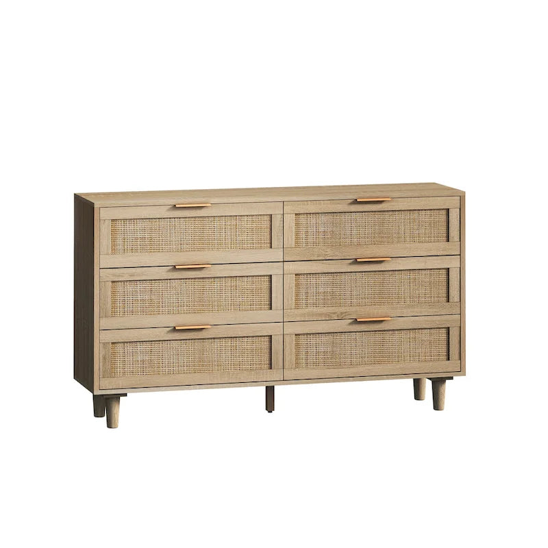 6-Drawer Rattan Storage Cabinet with Wood Color Finish for Bedroom