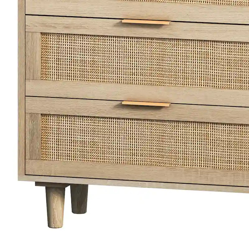 6-Drawer Rattan Storage Cabinet with Wood Color Finish for Bedroom