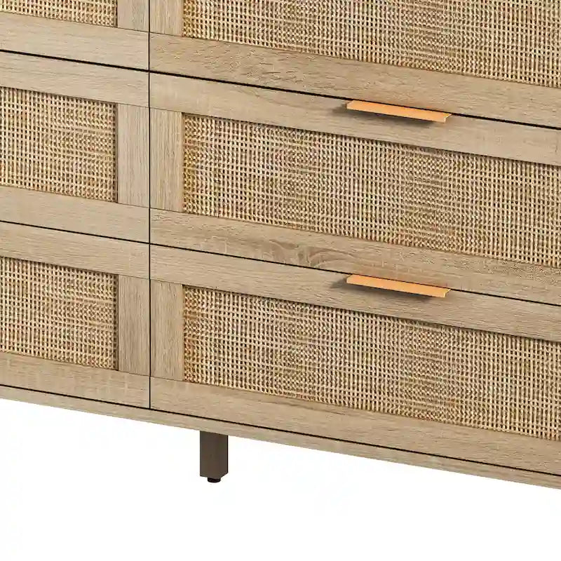 6-Drawer Rattan Storage Cabinet with Wood Color Finish for Bedroom