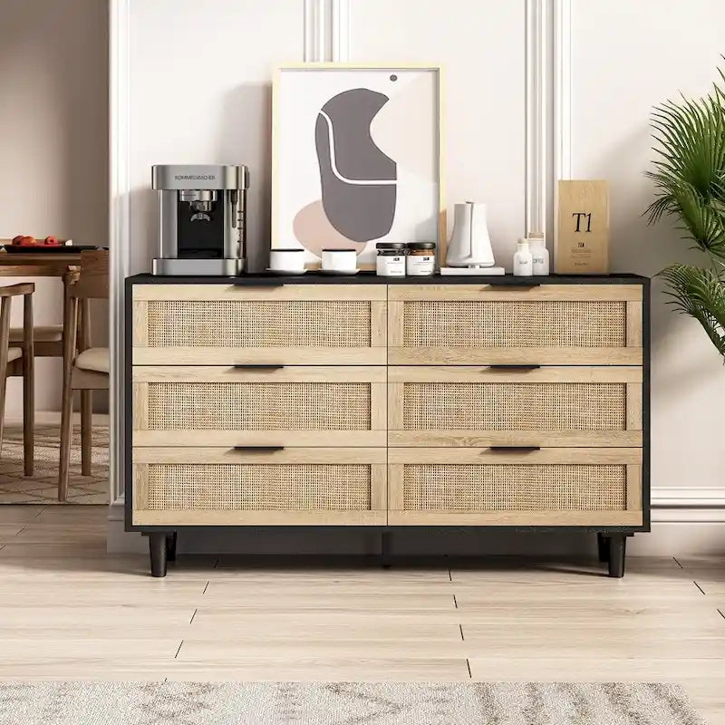 6-Drawer Rattan Storage Cabinet with Wood Color Finish for Bedroom