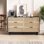 6-Drawer Rattan Storage Cabinet with Wood Color Finish for Bedroom