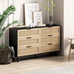 6-Drawer Rattan Storage Cabinet with Wood Color Finish for Bedroom