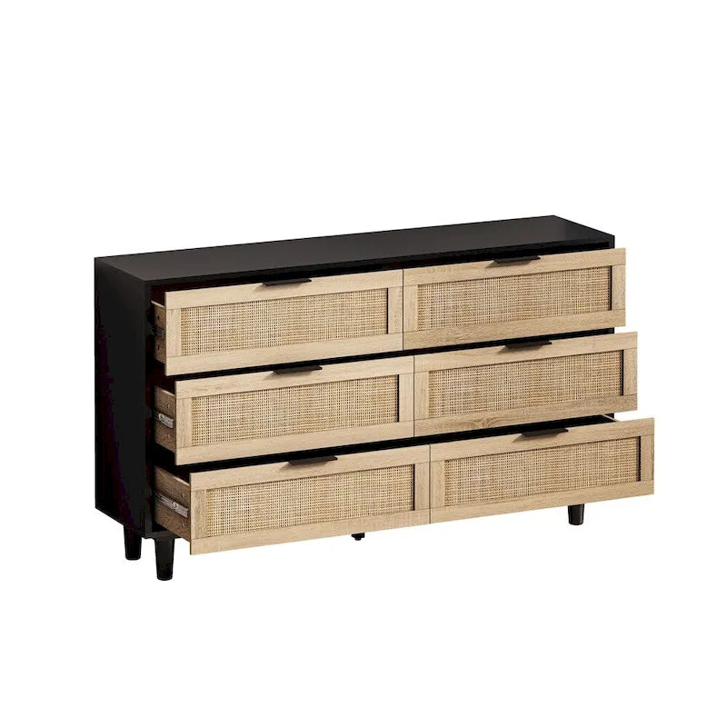 6-Drawer Rattan Storage Cabinet with Wood Color Finish for Bedroom