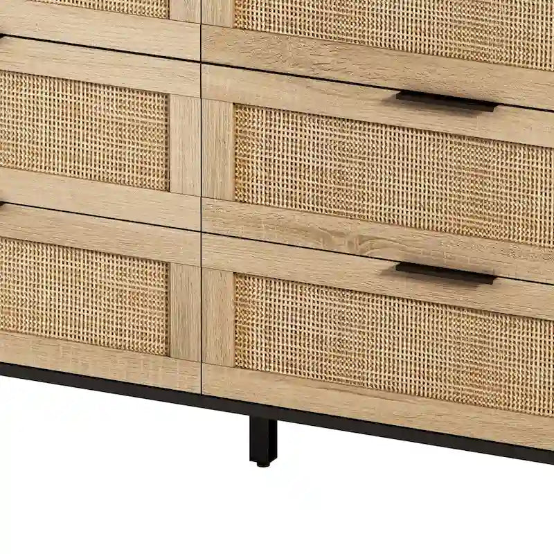 6-Drawer Rattan Storage Cabinet with Wood Color Finish for Bedroom