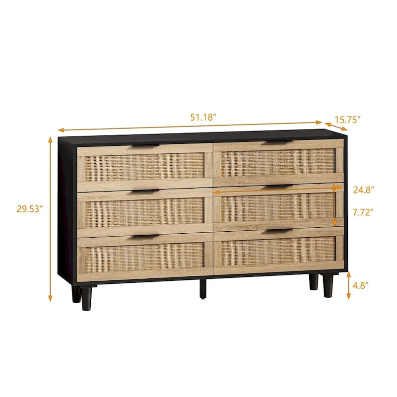 6-Drawer Rattan Storage Cabinet with Wood Color Finish for Bedroom