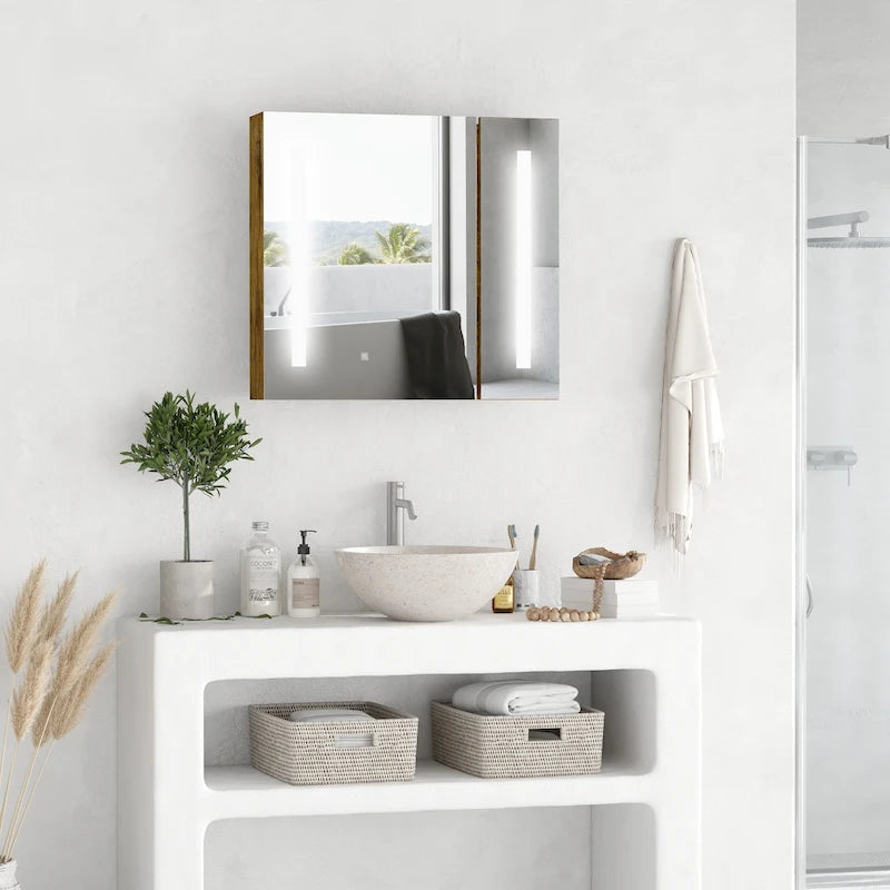 27.5 Inch x 25.5 Inch LED Lighted Medicine Cabinet with Mirror, Wall Mounted Dimmable Bathroom Cabinet