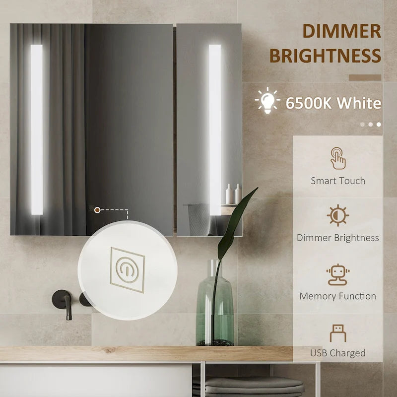 27.5 Inch x 25.5 Inch LED Lighted Medicine Cabinet with Mirror, Wall Mounted Dimmable Bathroom Cabinet