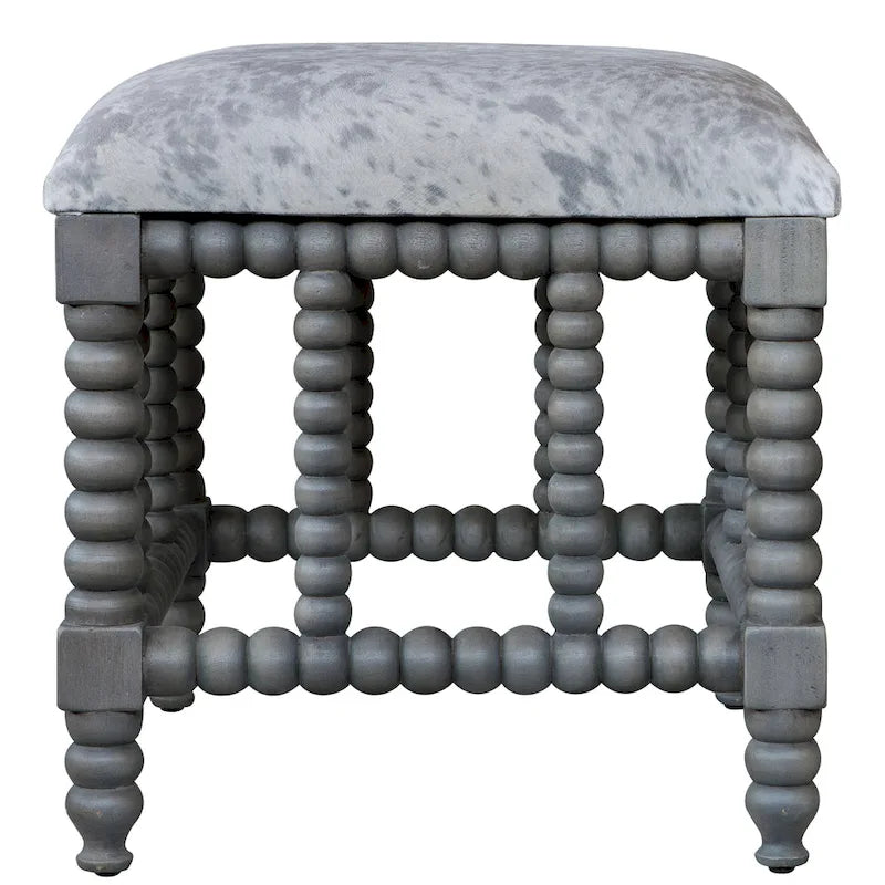 Small Bench with Faux Cow Hide Upholstery and Turned Wood Base
