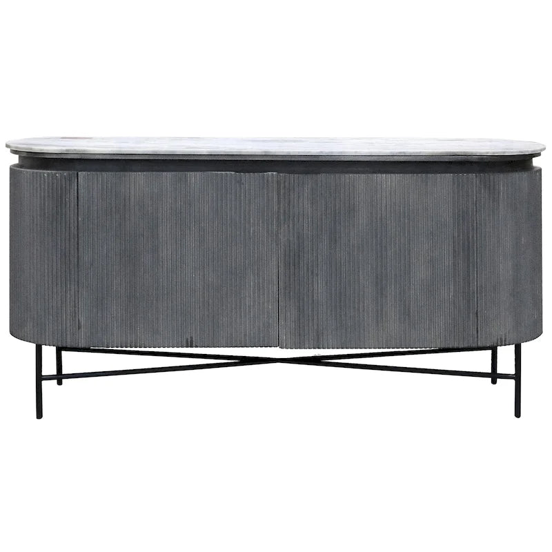 Racetrack Sideboard Cabinet with Granite Top and Metal Legs - White and Charcoal Finish