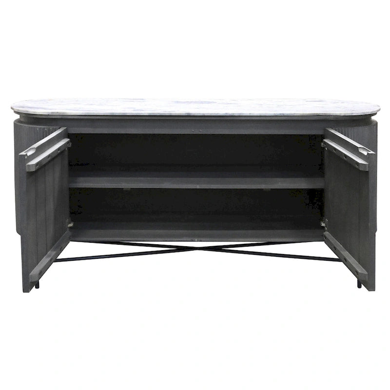 Racetrack Sideboard Cabinet with Granite Top and Metal Legs - White and Charcoal Finish
