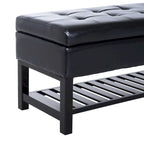 Black PU Leather Tufted Shoe Rack Ottoman Storage Bench with Slatted Base